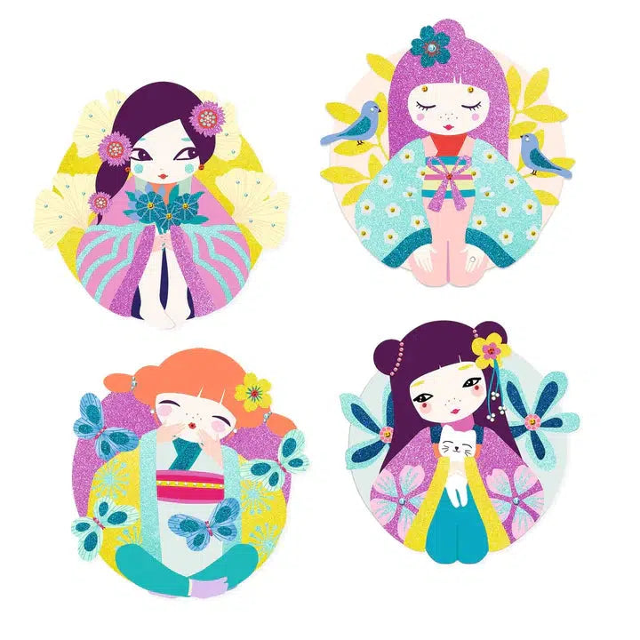 Image of the four different finished craft pictures. Each one of them is a girl wearing a kimono.