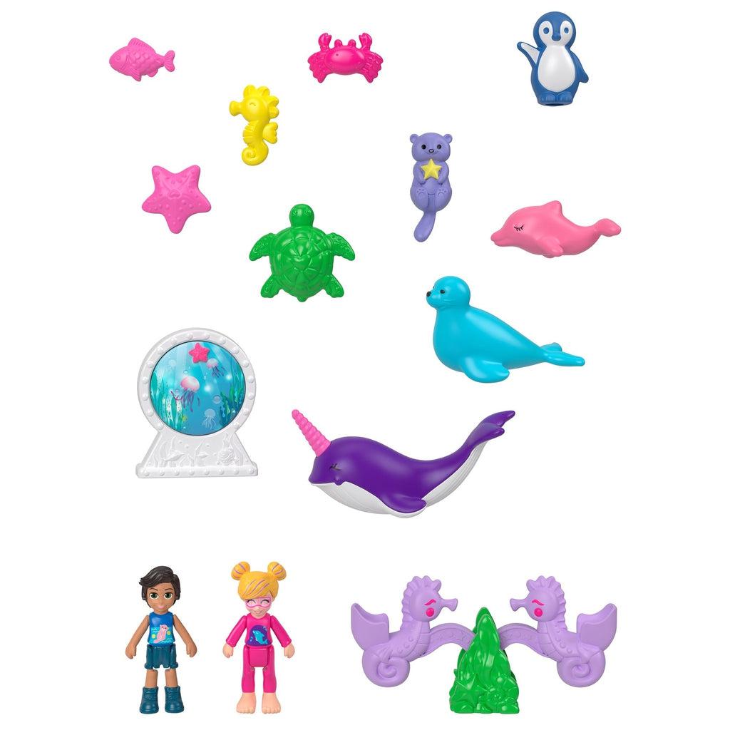 Accessories are small plastic pieces included with compact | Includes penguin, otter, dolphine, turtle, starfish, crab, seahorse, fish, seal, narwhale, aquarium port hole, seahorse seesaw. | Includes 1 Polly micro figure and 1 Nicolas micro figure.