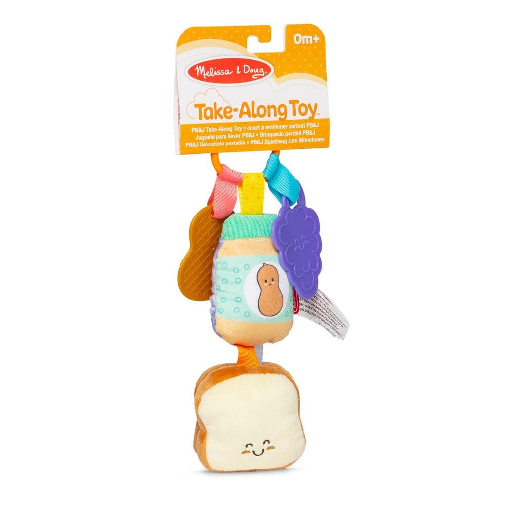 PB&J Take-Along Toy in packaging | Clip-on toy with 3 removable pieces made of plastic and fabric | Includes rattle in one portion