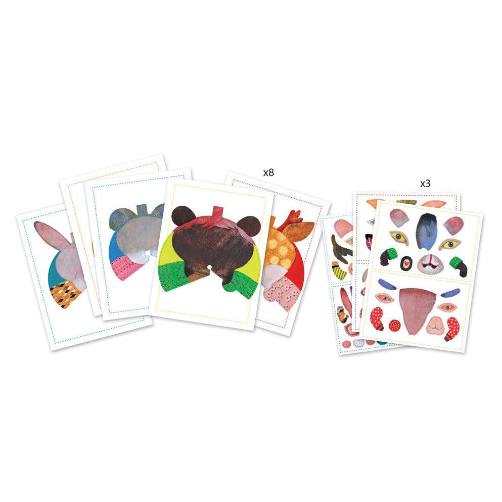Image of the included craft materials. The set includes 8 pieces of paper with colored masks  and 3 sticker sheets with animal parts on them.