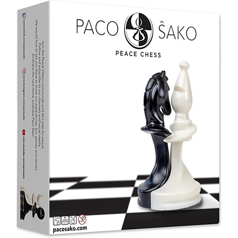Game box | White box with black title and game logo | Image on box shows black and white chess board with black knight and white bishop chess pieces fitting against one another on a single space.