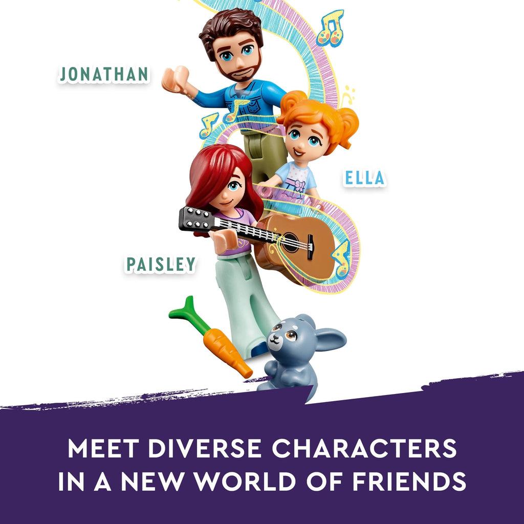 Image shows the three Lego friends characters, Jonathan (adult character), Ella (small child sized figure), paisley (full sized teen character) and the grey rabbit | Image reads: meet diverse characters in a new world of friends.