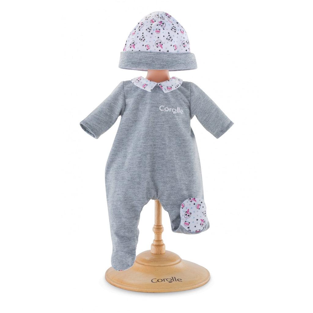 The doll pajamas are mainly gray, the collar, the feet bottoms, and the hat are all white with panda faces printed all over