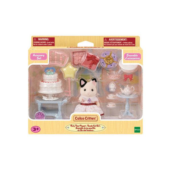 Image of the packaging for the Party Time Tuxedo Cat Girl set. The front is made of clear plastic so you can see all the included pieces.