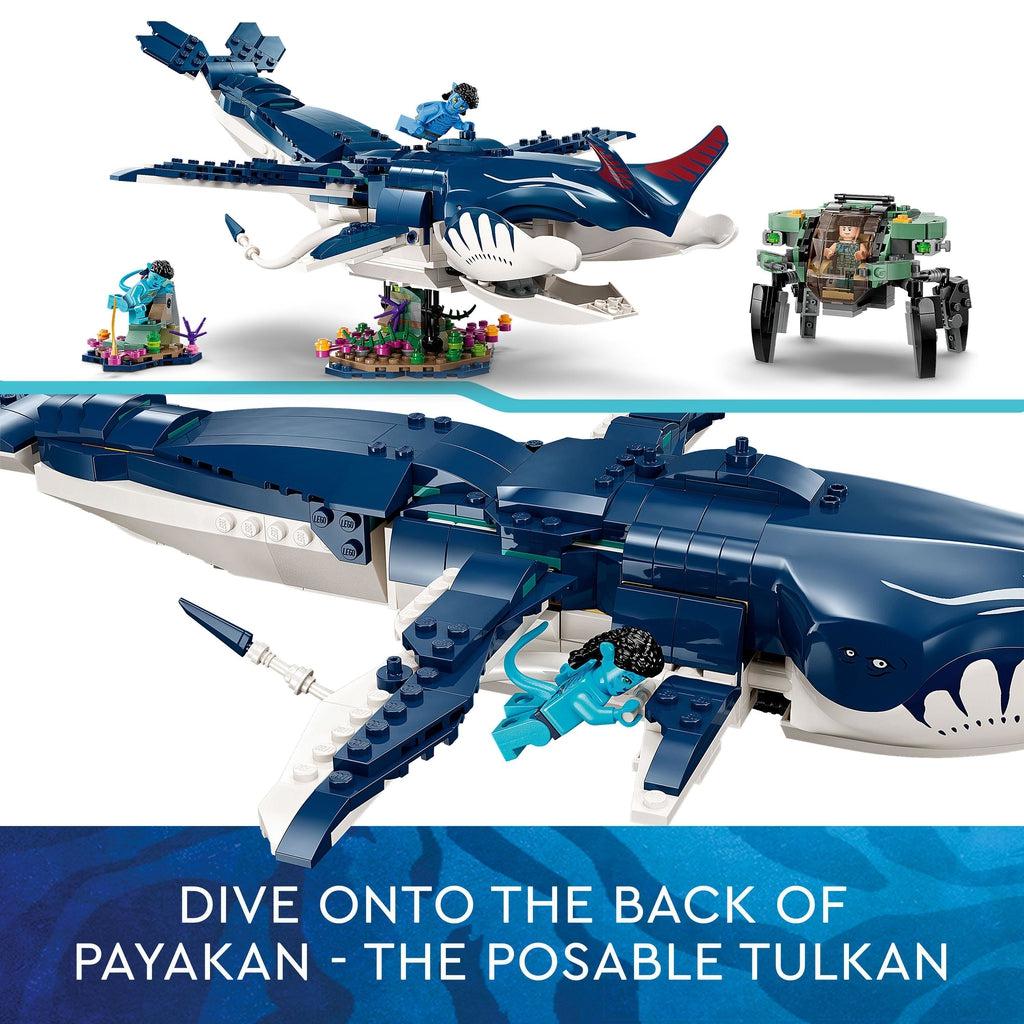 top image shows the 3 figures, the tulkan, and the crabsuit | Bottom image shows one of the navi minifigures holding onto the Tulkun | Image reads: Dive onto the back of Payakan - the posable Tulkan