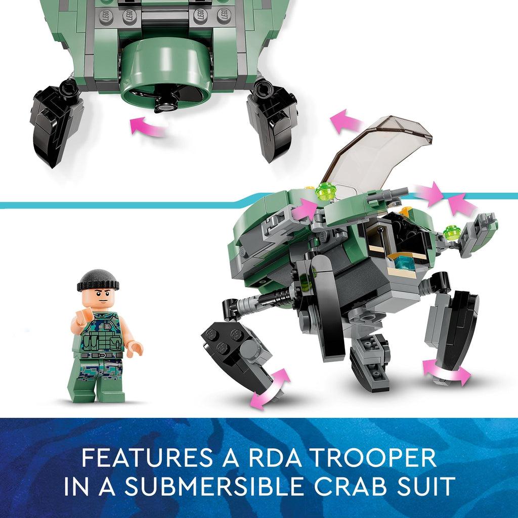top image shows the rotating fan on the back of the crabsuit | bottom image shows the cockpit glass can open, and the arms and legs can move | Image reads: Features a RDA trooper in a submersible crab suit