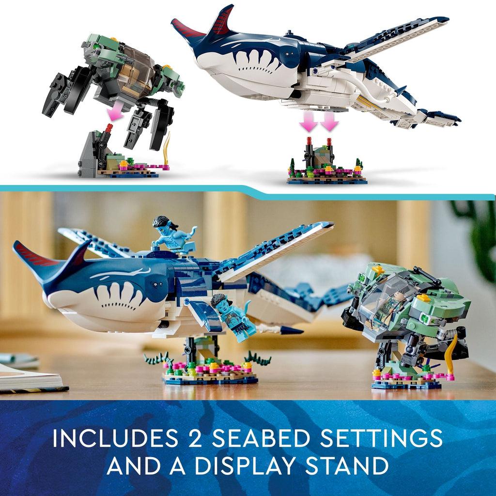top image shows the crabsuit and Tulkun can be attached to the ocean floor scenery bricks | bottom shows them displayed on a table | Image reads: Includes 2 seabed settings and a display stand
