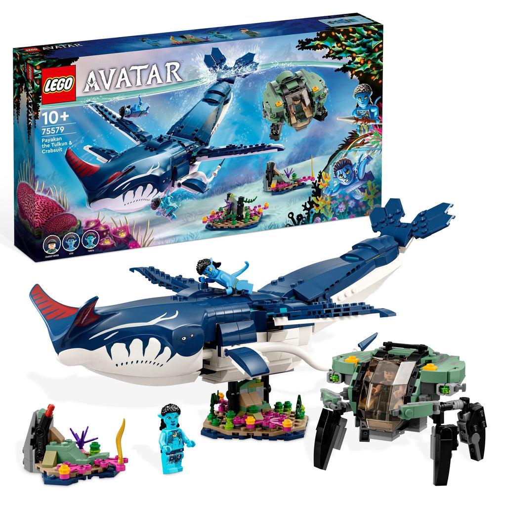 The lego set is displayed in front of its box | There is a lego Tulkaun from Avatar 2, 2 lego Navi minifigures, a human lego minifigure and a lego avatar crabsuit.