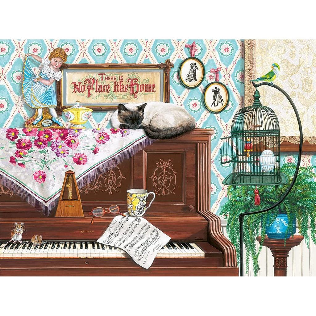 Puzzle is a illustration of a sleepy cat on top of a piano. The piano also has two mice on it, glasses, a mug, a metronome, and a ceramic doll figurine. You can also spot a bird that has escaped its cage.