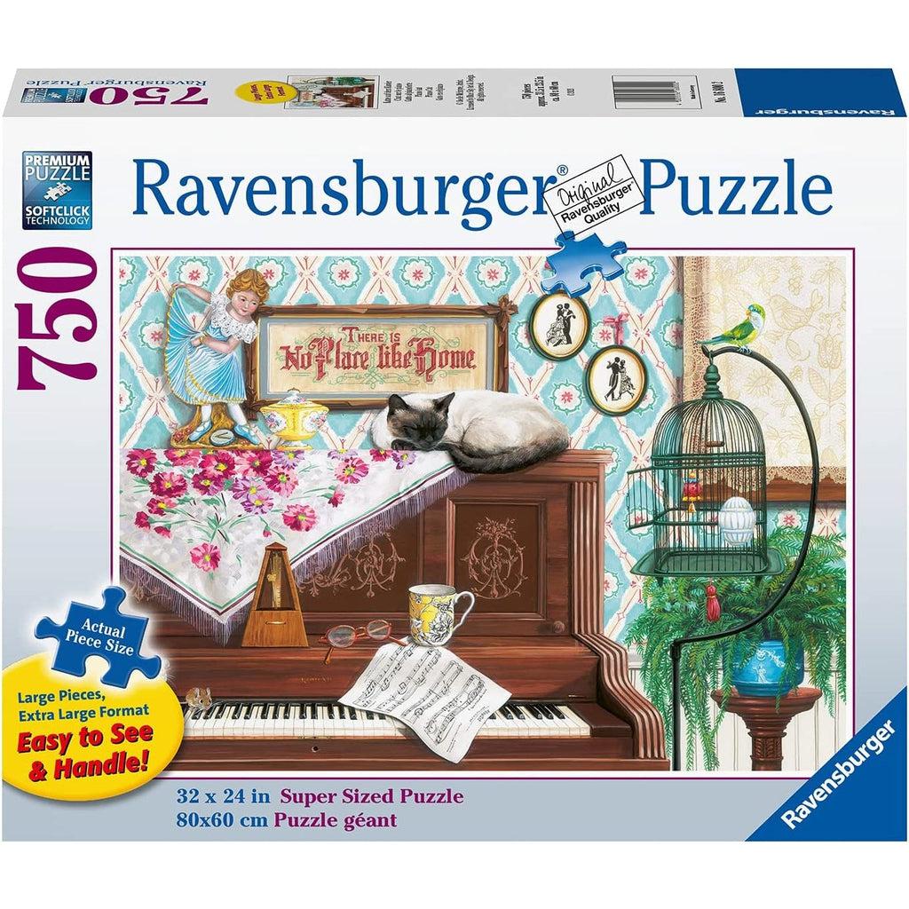 Image shows front of puzzle box. It has information such as the brand name, Ravensburger, and the piece count (750pc XL). In the center is a picture of the finished puzzle. Puzzle description on next image.