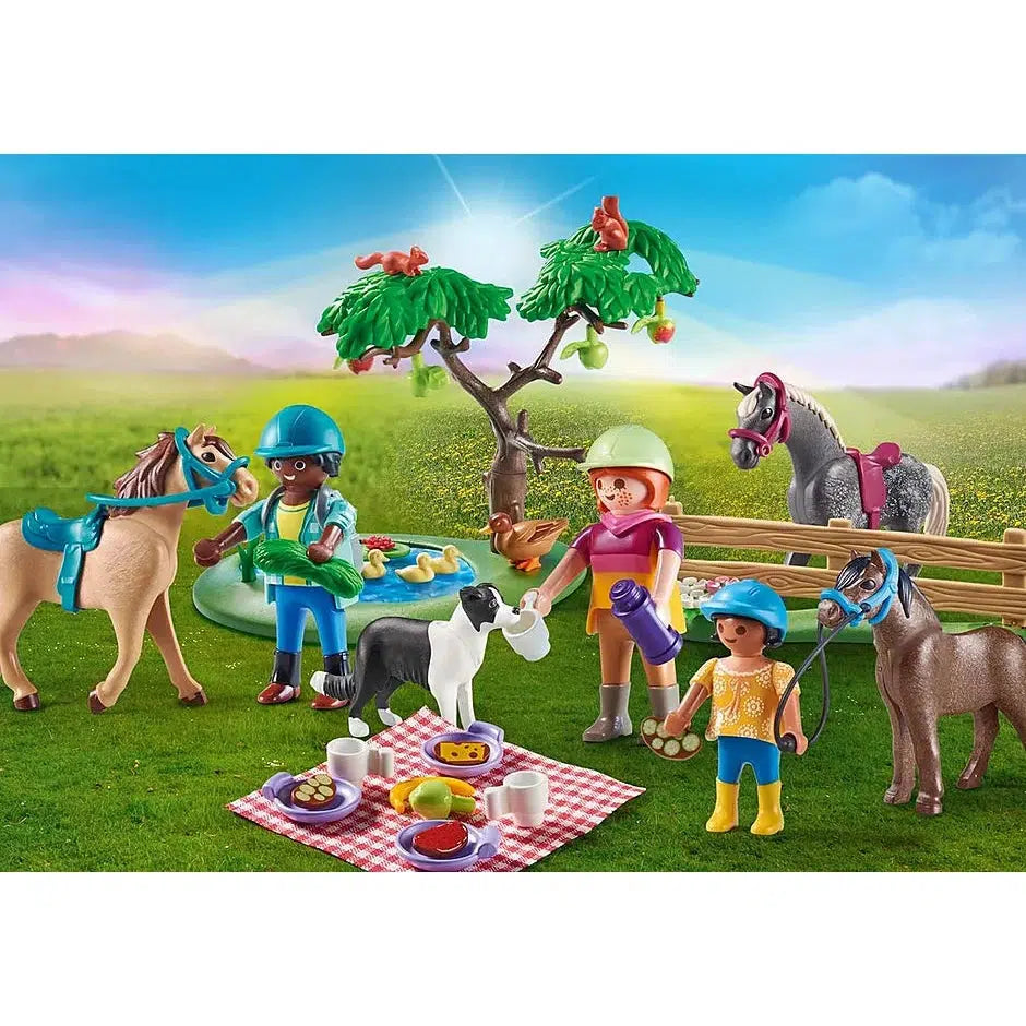 The image from the box is shown, two of the horses are being led towards the picnic while a third sits behind the fence
