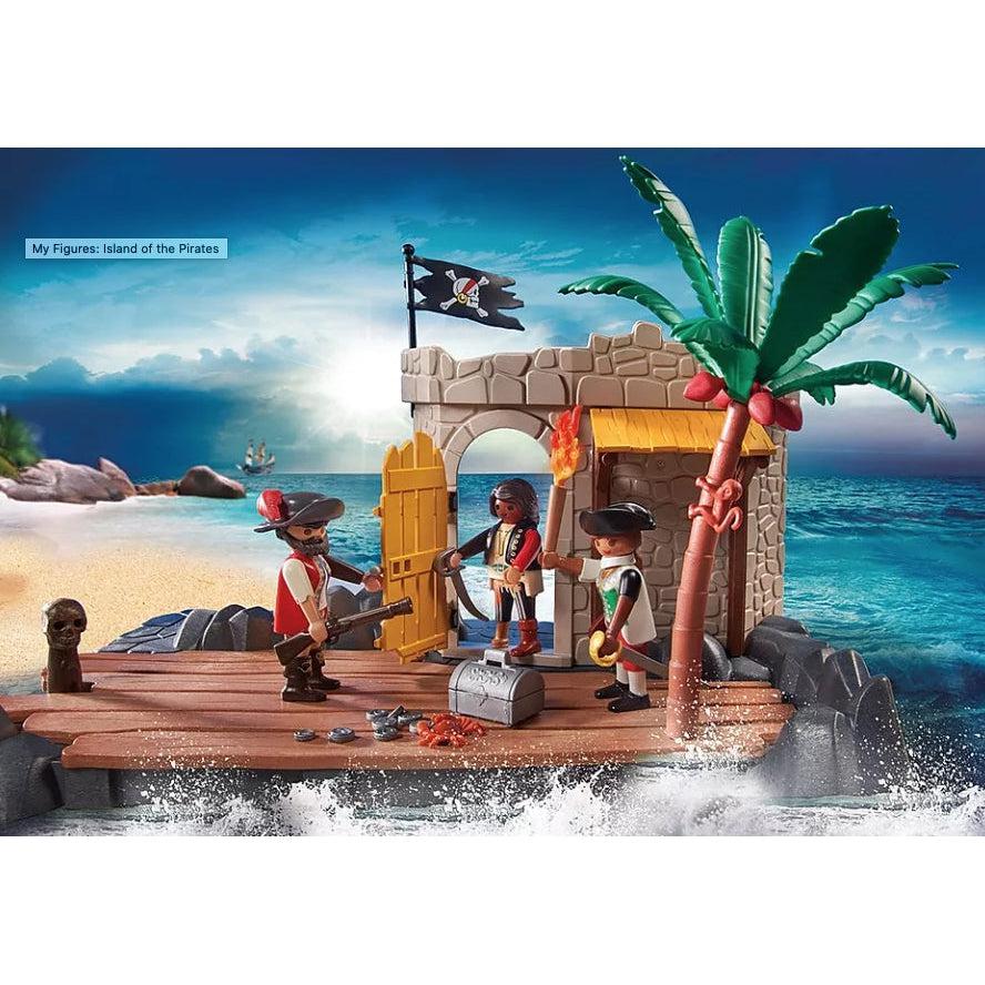 three playmobile figures stand of the dock of the pirate fortress next to a silver treasure chest and loot next to it | There is a small playmobil mokey hugging a palm tree to the side of the dock