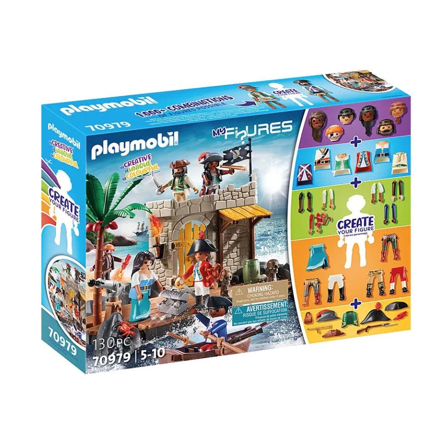 The left side of the box cover shows the playmobile pirate fortress set, the right side of the box shows that all the various arms, torso's, arms, legs, and accessories can be mixed and matched