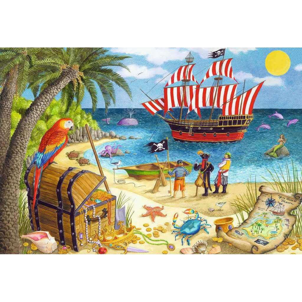 Puzzle #1 image | Illustration shows a beach and sea with a large pirate ship. | The beach is bordered by palm trees, and a large treasure chest spills treasure onto the sand. | 3 pirates place a flag on the beach and look out to their ship on the sea. | Sea creatures such as turtles and crabs as well as a large parrot are visible.