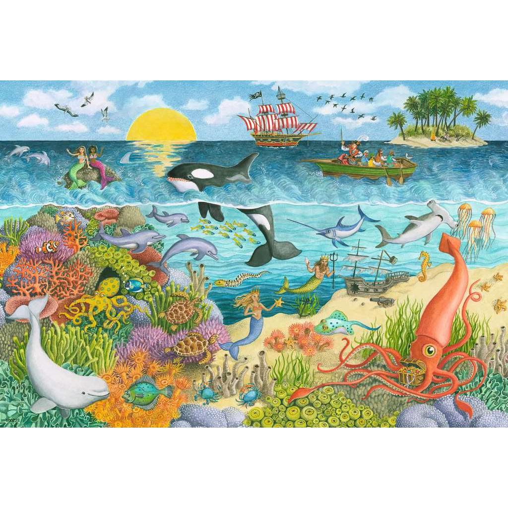 Puzzle #2 image | This illustration shows a split view above and under water. | Underwater is teeming with a colorful coral reef and sea life. A giant squid sits among creatures like sharks, fish, and more. | Mermaids can be seen above and underwater. | Above water a pirate ship and island can be seen in the distance and and small boat of pirates rows towards mermaids sitting on rocks in the ocean.
