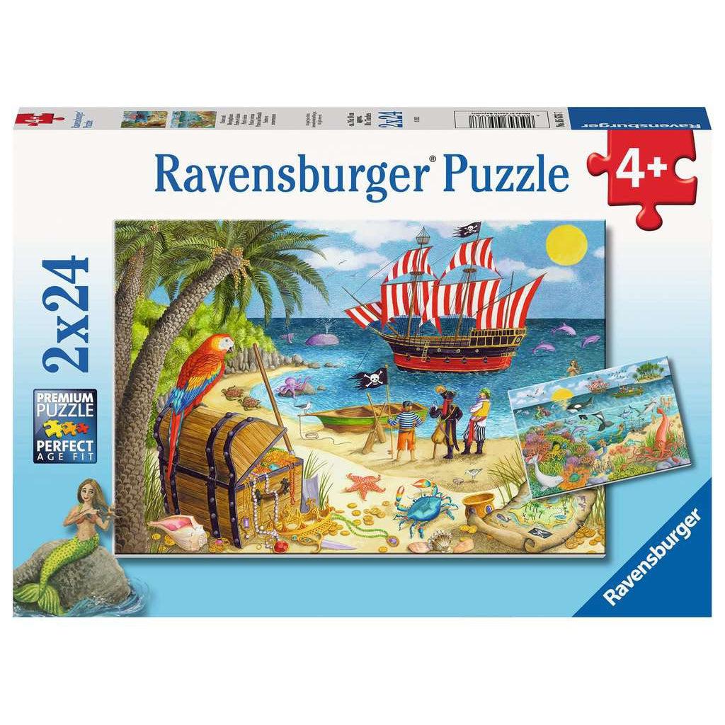 Puzzle box | Large image of pirate puzzle and small image of mermaid puzzle | two 24 piece puzzles.