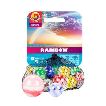 a mesh bag filled with marbles of various individual rainbow colors, each has a white base with it's color swirled around into solid swirls and other swirls of the color blended with white