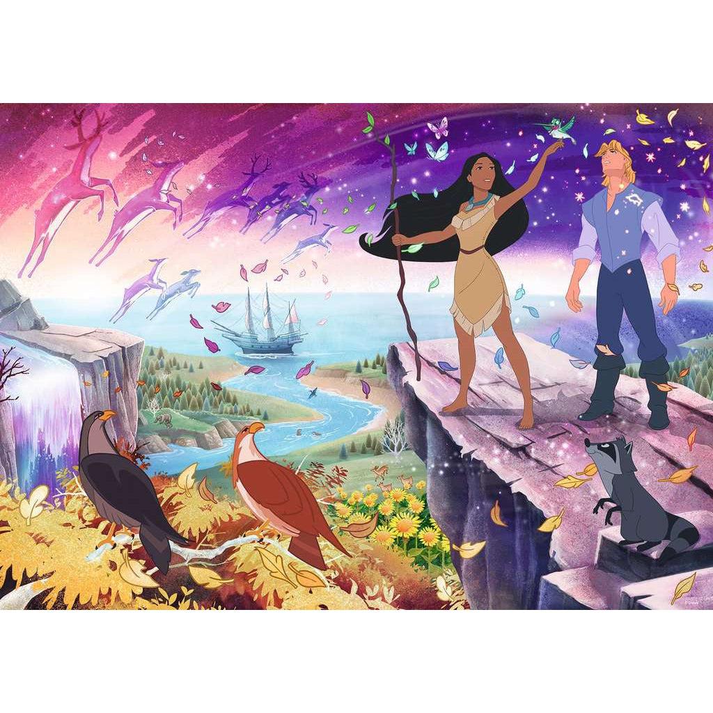 Puzzle is of Pocahontas and John Smith standing on a cliff overlooking a river going out to sea. The sky above them is colorful and subtle deer can be seen within it. Below them two birds and a raccoon observe.