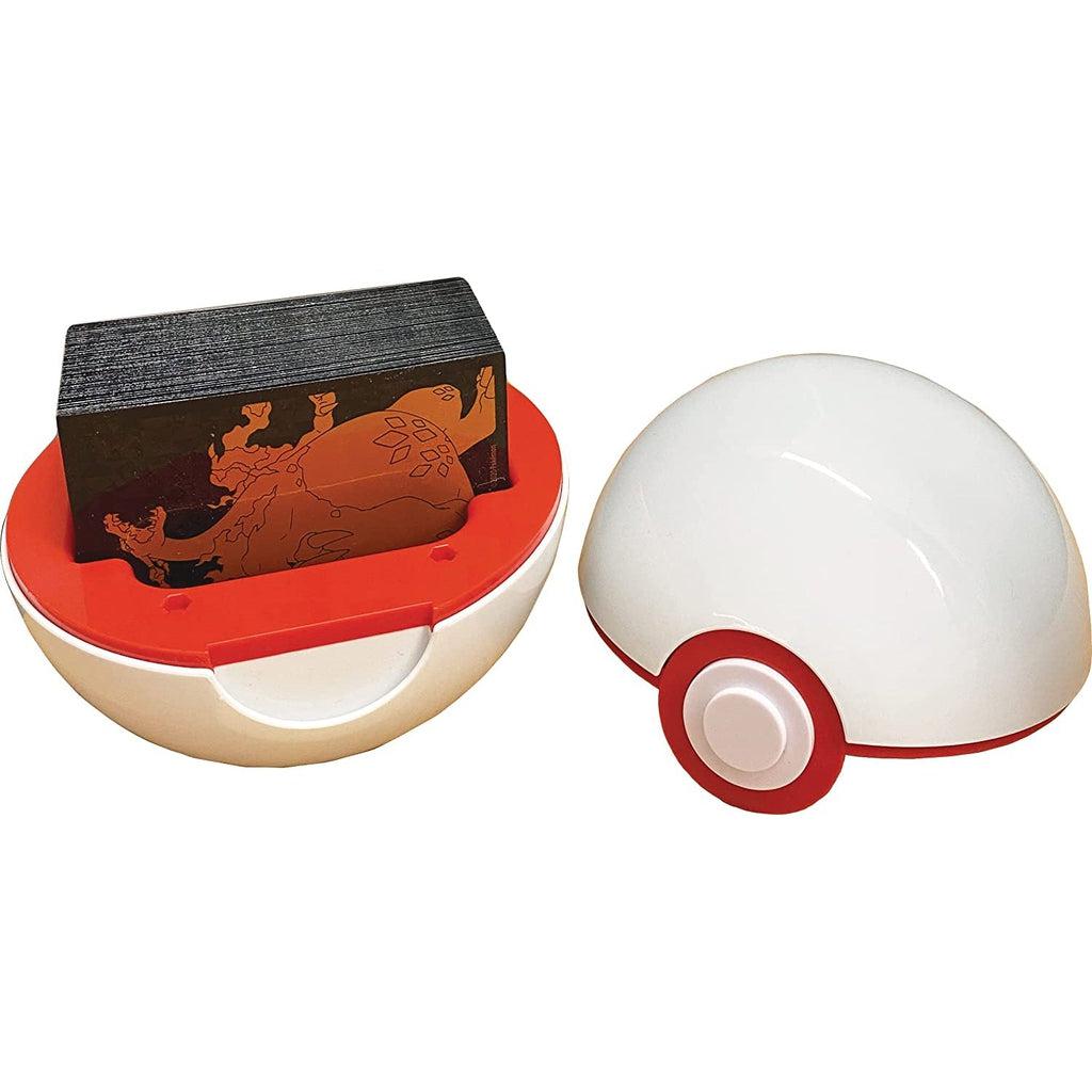 Premier ball shaped deck holder | White poke ball with red details, opens in half to reveal card storage and red interior.
