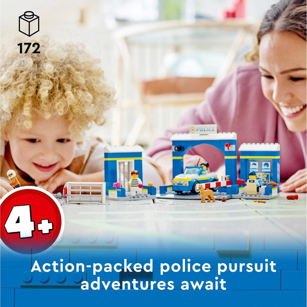 A child and their mother are shown playing with the lego set | piece count of 172 shown in top left and age of 4+ in the bottom left | Image reads: action-packed police pursuit adventures await.