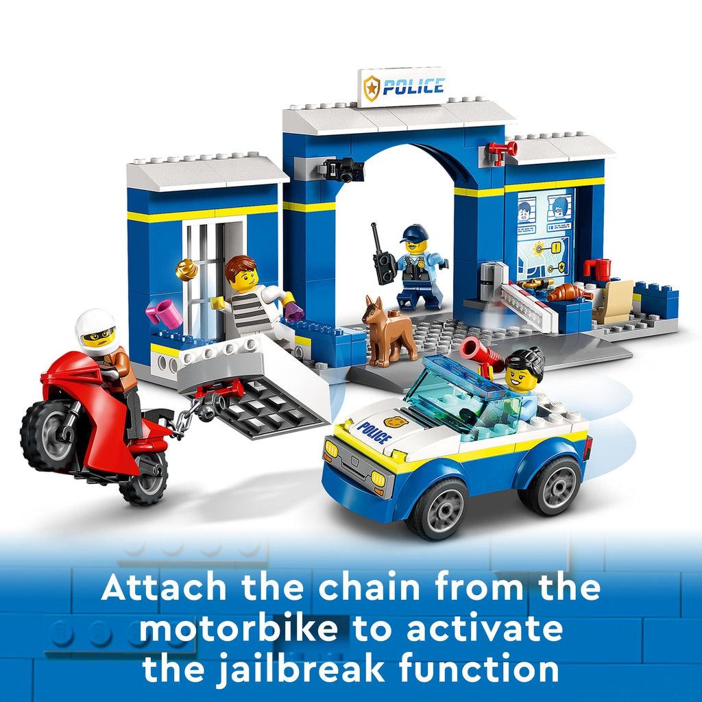 The same image from the first was shown with the crooks escaping jail and the policewoman giving chase | Image reads: attach the chain from the motorbike to activate the jailbreak function