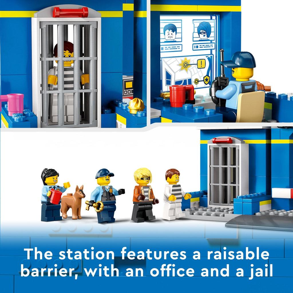 top left image shows one of the crooks in the jail cage | top right image shows the policeman figure looking at a map and a wanted list | bottom image shows the two police figures leading the crooks to the jail | image reads: the station features a raisable barrier, with an office and a jail.