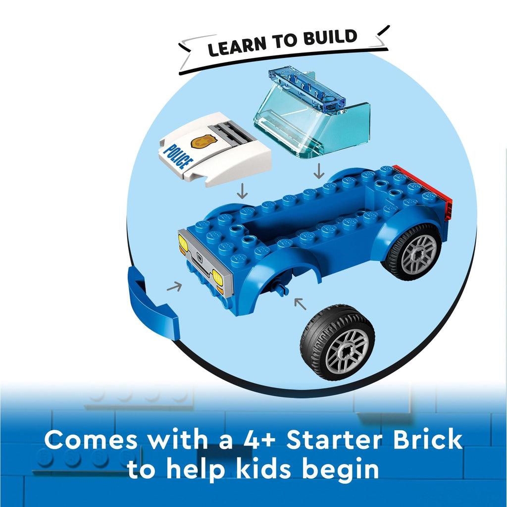 Image shows the large starter brick for the car with the pieces floating around it with arrows pointing to where they attach | image reads: comes with a 4+ starter brick to help kids begin.