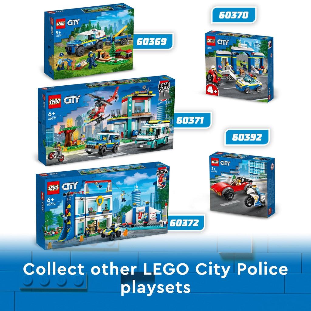 image shows this and 4 other lego sets (60372, 60371, 60369,  and 60392; not included) from the lego city police series | Image reads: collect other lego city police playsets.