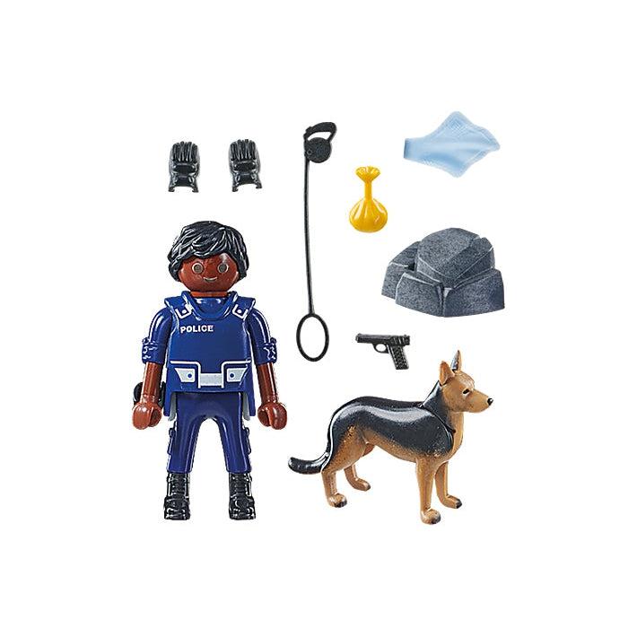 The contents are displayed, The police officer wears a thick police vest, the dog is a black and tan German Sheppard with a posable neck, there are also a couple smaller accessories listed in the product description