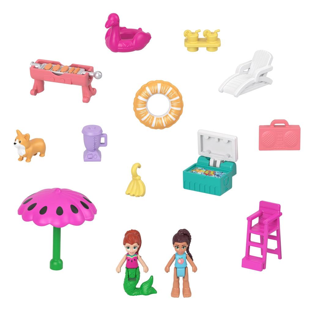 Image of the included pieces. The set includes two Polly Pocket dolls (one is a mermaid), a beach umbrella, a pool floaties, a lifeguard chair, a grill, a cooler, and a dog.
