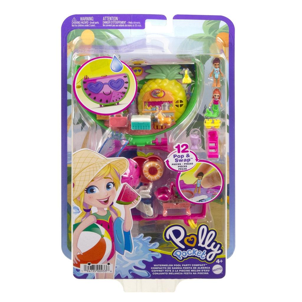 Image of the packaging for the Polly Pocket Watermelon Pool Party. The front is made of a clear plastic so that you can see all of the included pieces in the set.