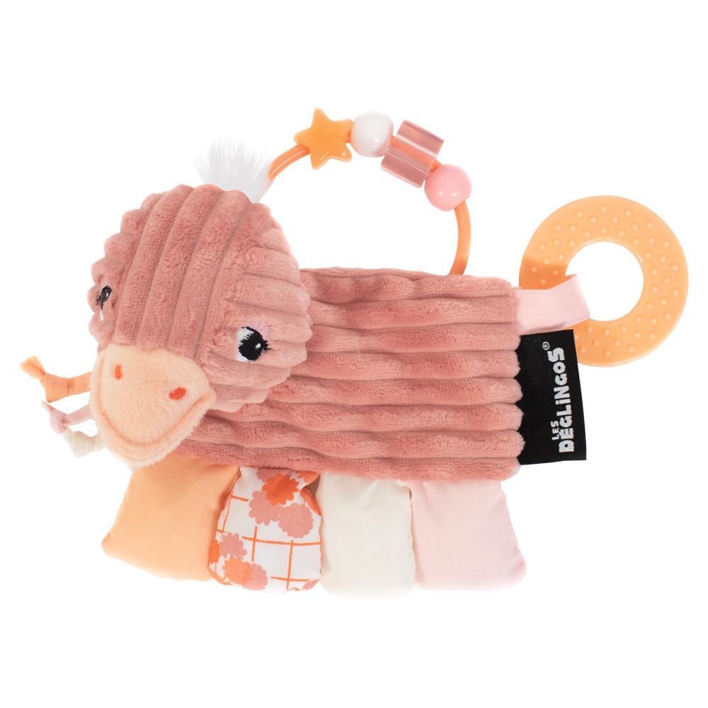 Image of the Pomelos the Ostrich Activity Rattle. It is pink with different sensory elements attached. It has movable beads, a textured ring, feet made from different textured fabrics, and ropes with knots that are perfect for chewing on.