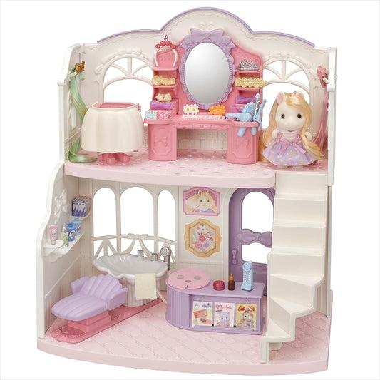 Image of the fully stocked salon out of the packaging. It is two stories with a front desk, hair washing station, and a styling/cutting desk upstairs. The pony is standing at the top of the stairs.