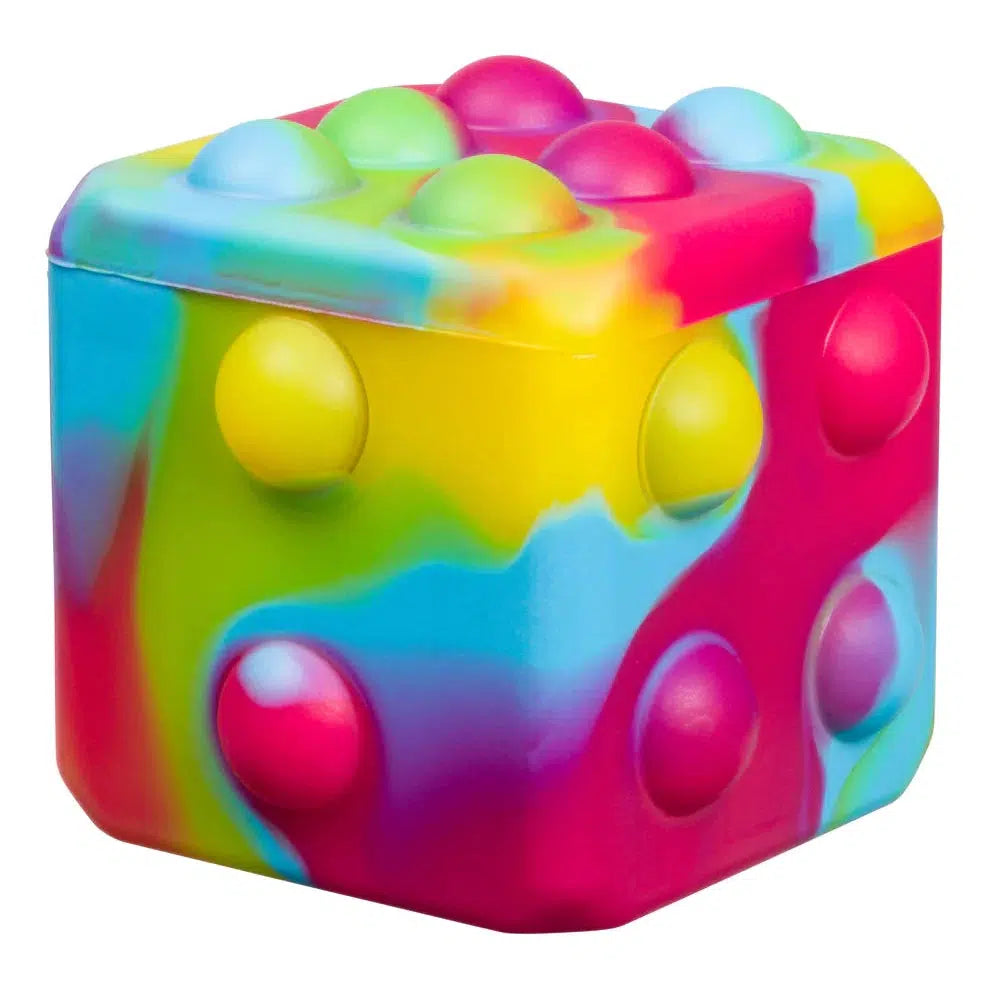 Image of the  Poppin Dice Rainbow. It is colored in a tie-dye swirl. The colors in the swirl is light blue, yellow, and pink with some green and purple. 