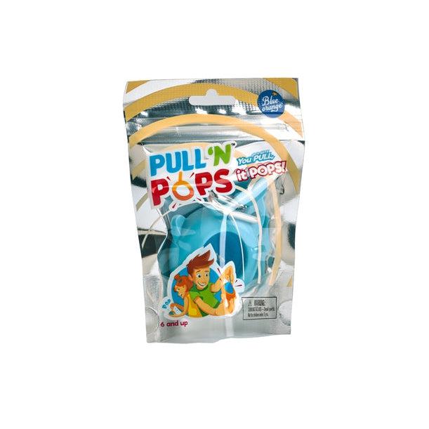 A vacum sealed bag reads: Pull 'n Pops: you pull, it pops! There is a cartoon image of a boy and a girl each playing with one of the pull 'n pops. The blue orange games logo is in the top right and a choking hazard warning in borrom right. Next image describes the toy itself.