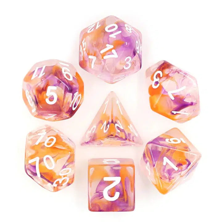 All 7 dice are shown in a circle with the D4 in the center. Each dice is clear resin with orange and purple resin swirling together inside.