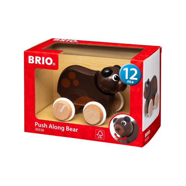 Image is of packaging for the Brio Push Along Bear. Displays recommended age (12mo+)
