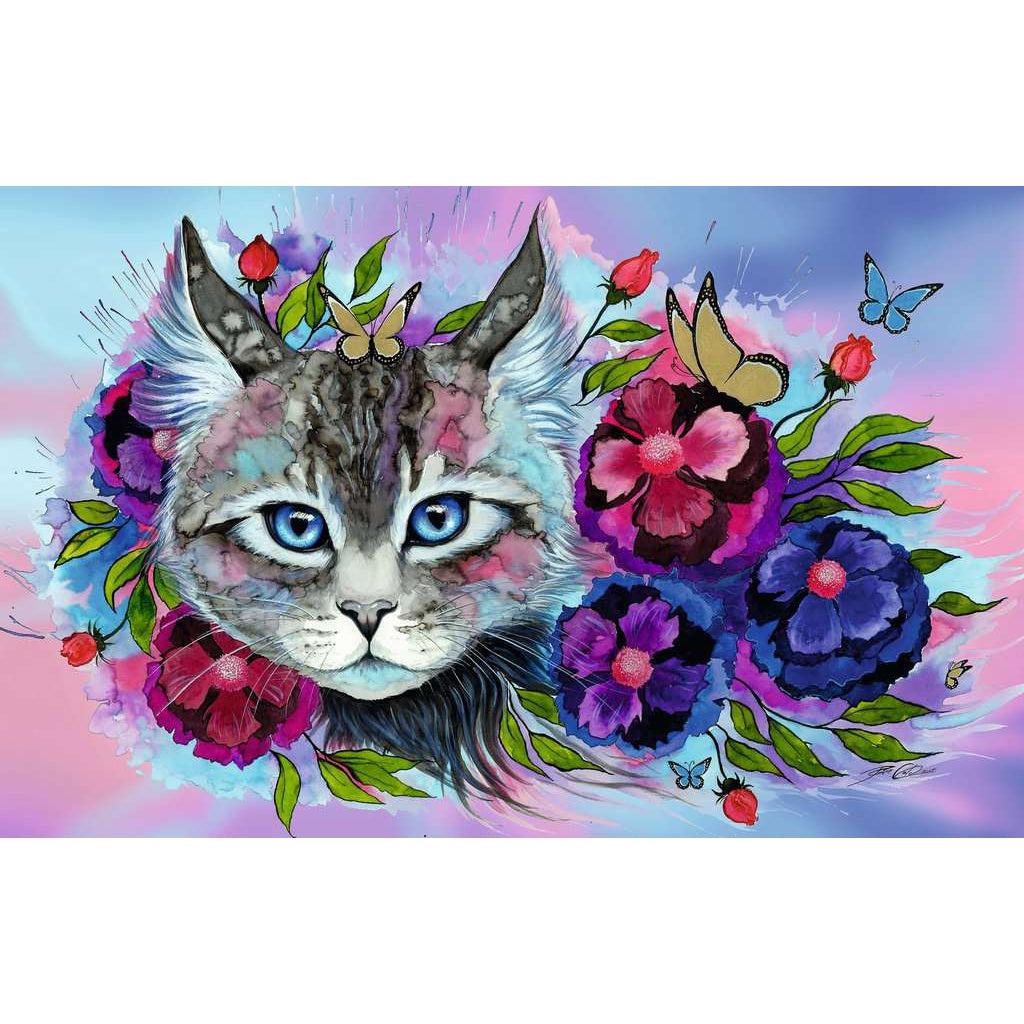 Puzzle image | Water color style image of Gray cat with blue eyes surrounded by pink, purple, and blue flowers. | Background of image is Blue, purple, and pink soft blended.