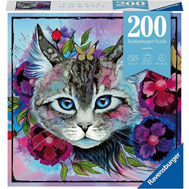 Puzzle box | Image on box is a water color painting with a cat and flowers. | 200pcs