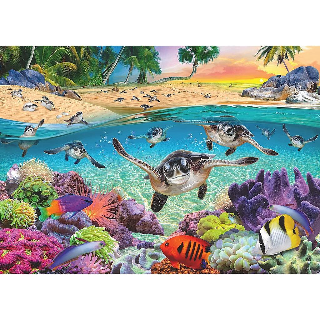 Puzzle is a scene of many baby sea turtles hatching and making their way to the sea. Under the water, you can see different corals and tropical fish. It is almost time for sunset.