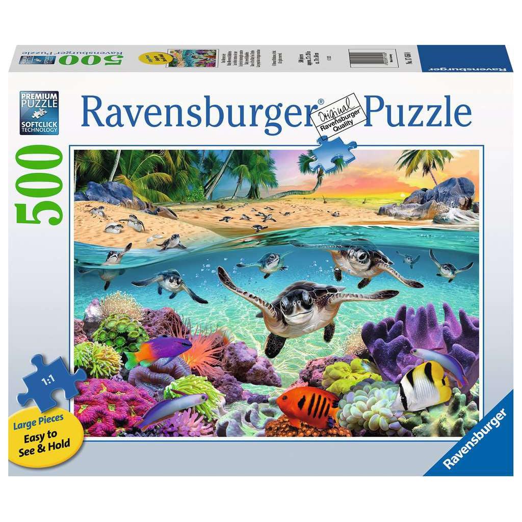 Image of front of puzzle box. It has information such as the brand name, Ravensburger, and the piece count (500 XL). In the center is a picture of the finished puzzle. Puzzle described on next image.