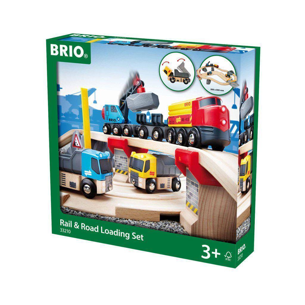 this image shows the rail and load loading set. the magnetic road toys are loading up big hauls for the road!