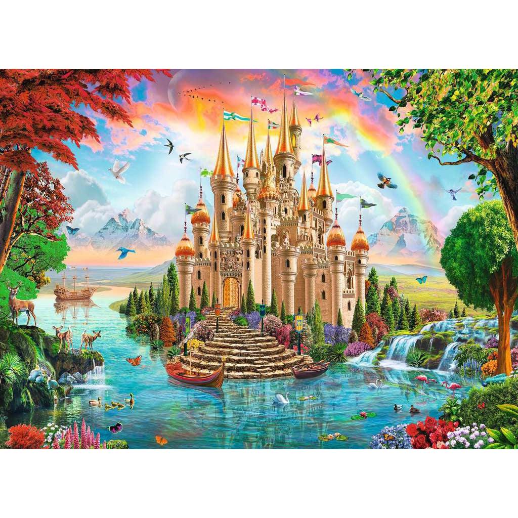 Puzzle image | Illustration of a large cream colored castle with a small garden. | Surrounded by water with boats and a small water fall. | Forest animals and insects fill the scene, as well as foliage and flowers. | The sky is a pastel sunset with a rainbow arching over the castle.