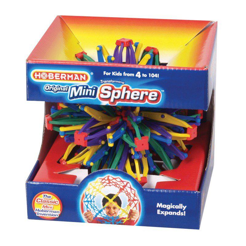 The mini sphere is shown in it's packaging. it's a ball of plastic strips and joints that can expand from a small spikey ball to a rounded giant ball by pulling on it's sides. The box also shows a graphic of the sphere expanded.