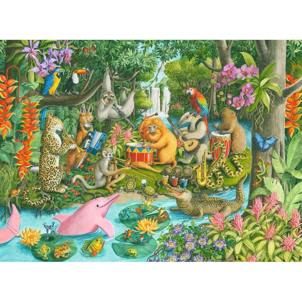 Puzzle image | A diverse group of animals crowds around a river bend in the jungle to play music as a band | Animals have their own individual instruments or are dancing an jiving to the music. | A lush tropical forest full of trees and flowers surrounds them. | Animal/instrument examples include: a capybara with a bongo, a jaguar on trumpet, turtles with maracas, etc.