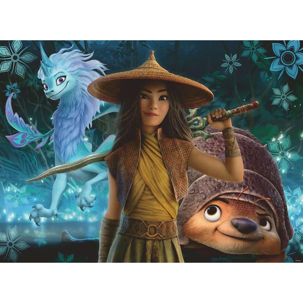 Puzzle image | Raya stands holding her sword with Tuk Tuk at her side and Sisu behind her | A blue, glowy flower design surrounds the characters against a dark forested background.