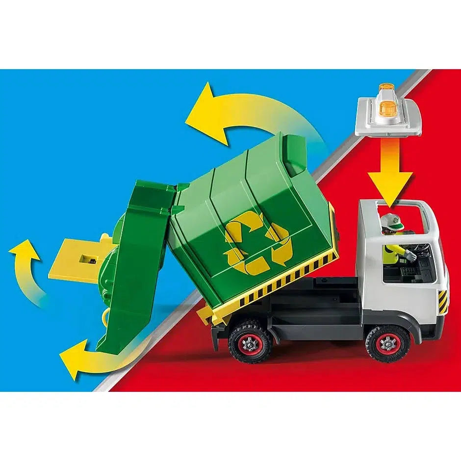 arrows demonstrate that the roof of the trucks driver cab can be lifted off for access inside, the rear of the truck can open up at the back, lift bins, and be tipped entirely to dump out the contents of the truck