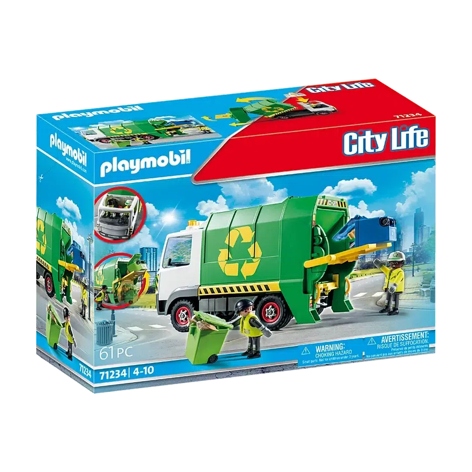 The box shows the garbage truck halfway through lifting a recycling bin to dump into it's base. One figure stands behind the truck while another brings another bin over