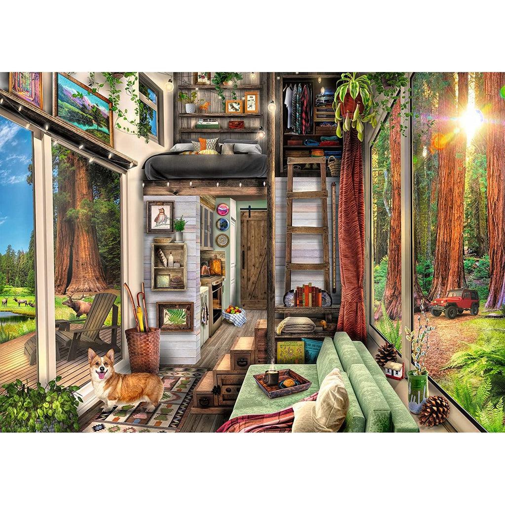 Puzzle is of a tiny house in a redwood forest. The house has a great layout that utilizes all available space by using ladders. There are huge windows on both sides of the house that show beautiful landscapes of trees, open fields, and elk.