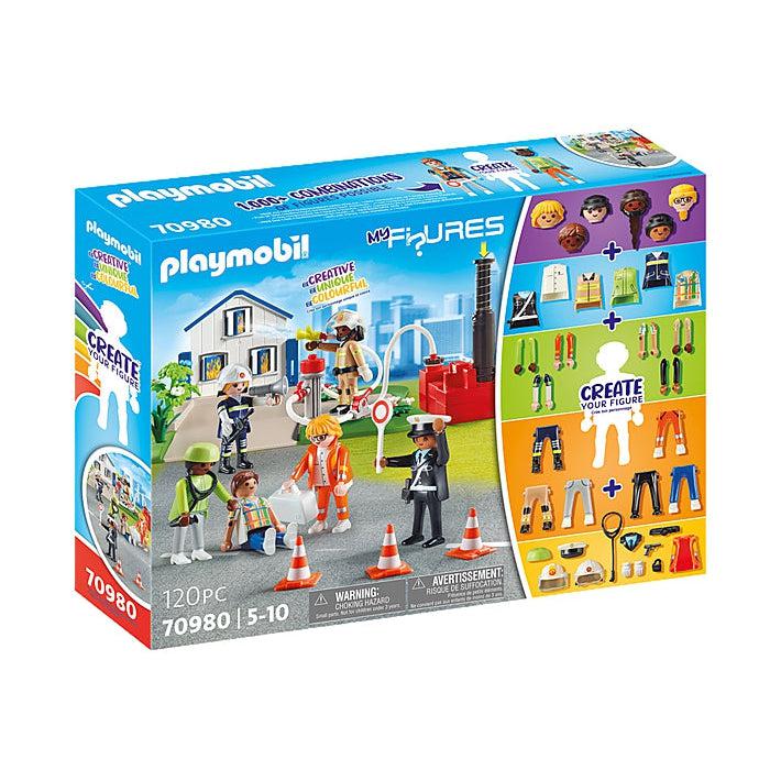 the front of the box shows the playset on the left and then on the right there is an image showing that all the playmobile figures parts can be mixed and matched, heads, torsos, arms, legs, and accessories